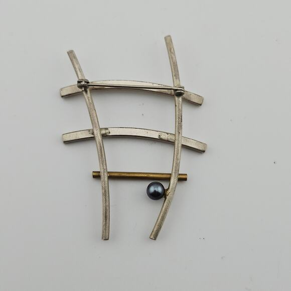 Abstract Brooch Pin Silver Tone Bars With Gold Tone Ladder Artistic Unique - Picture 4 of 4